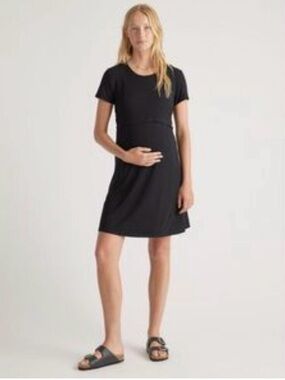 Quince Bamboo Jersey Maternity Nursing Lounge Dress Black Small